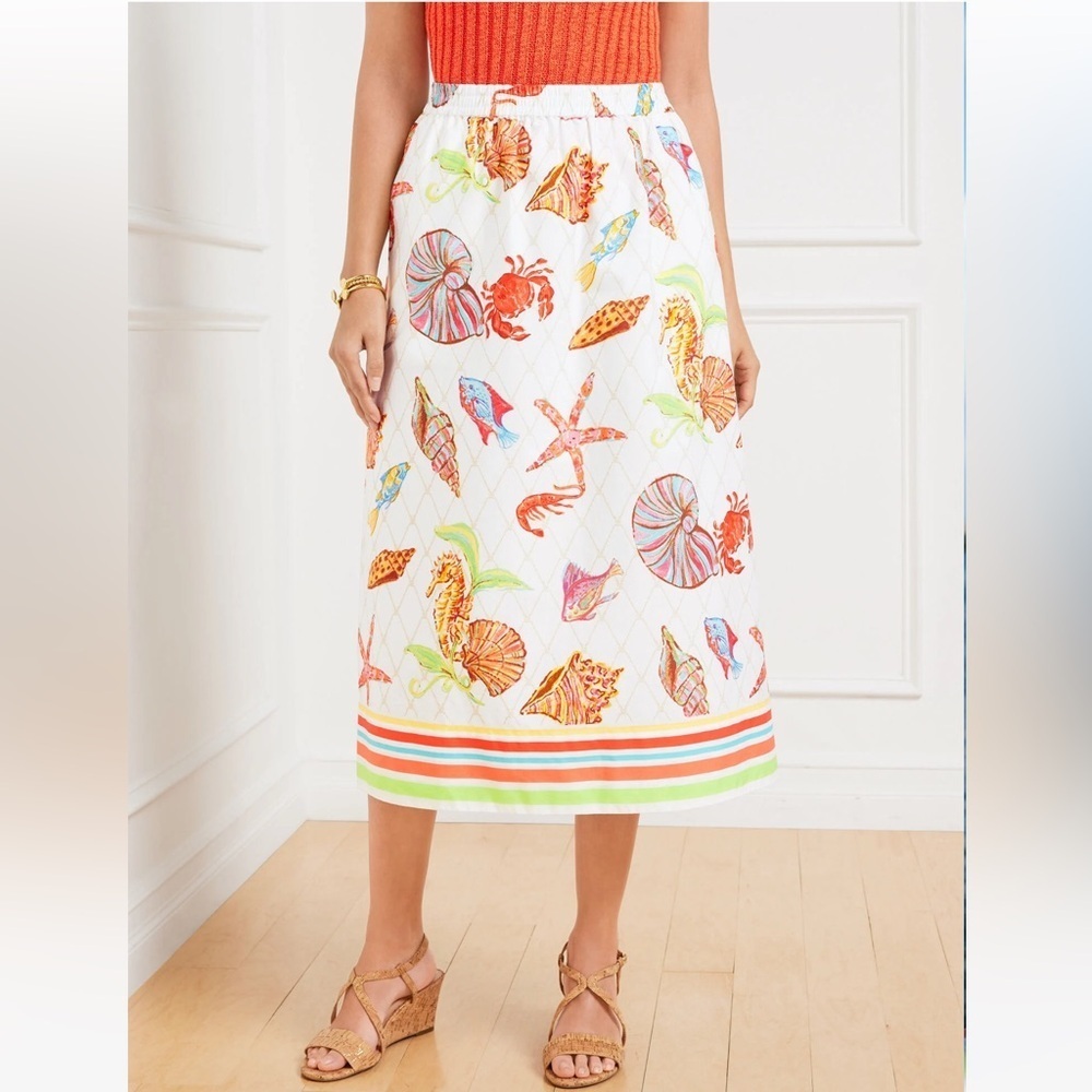 TALBOTS MODERN POPLIN FIT & FLARE MIDI SKIRT - UNDERWATER WORLD  pockets